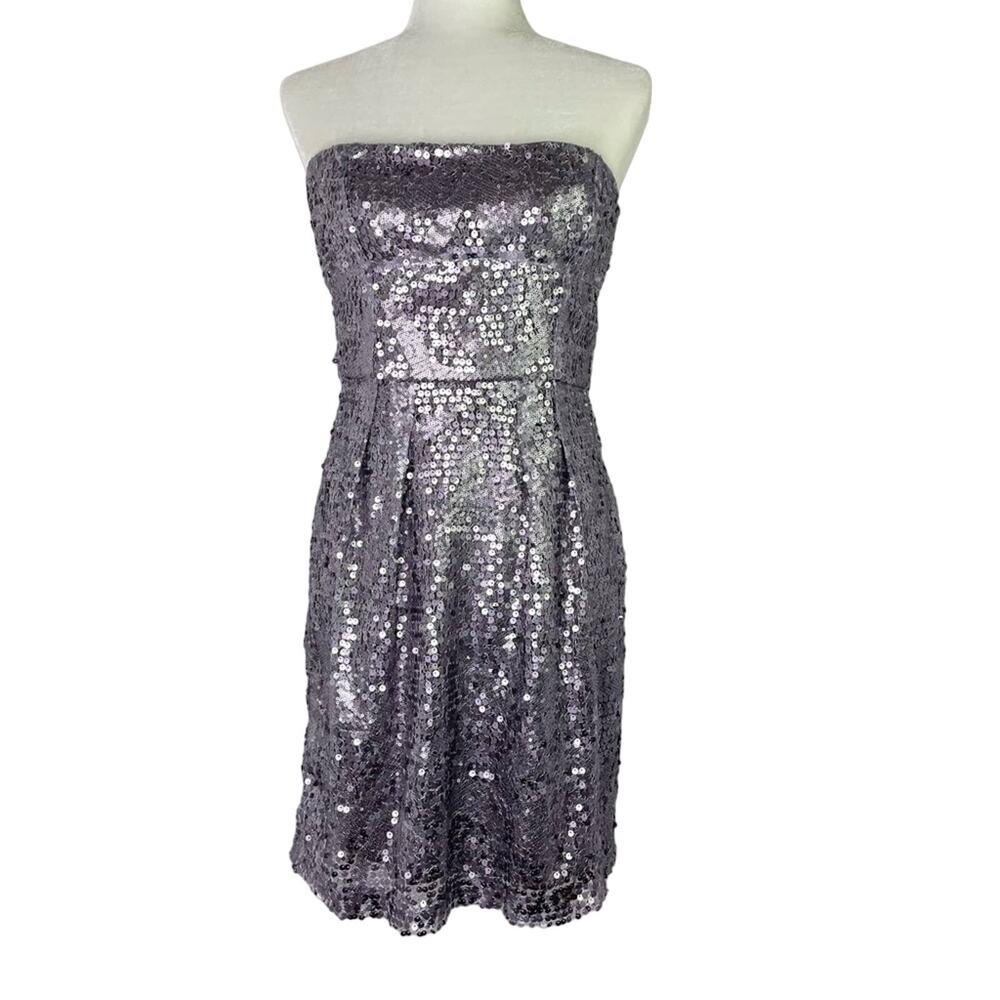 BCBG Sequin Silver Dress Strapless 8 Sparkle Glam Glitter